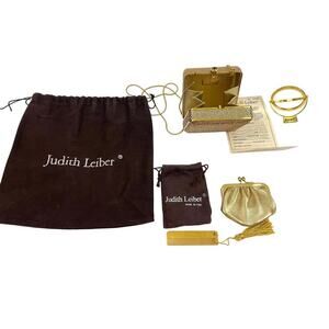 Judith Leiber Swarovski Crystal Gold Tone Metal Stone Evening Bag Clutch